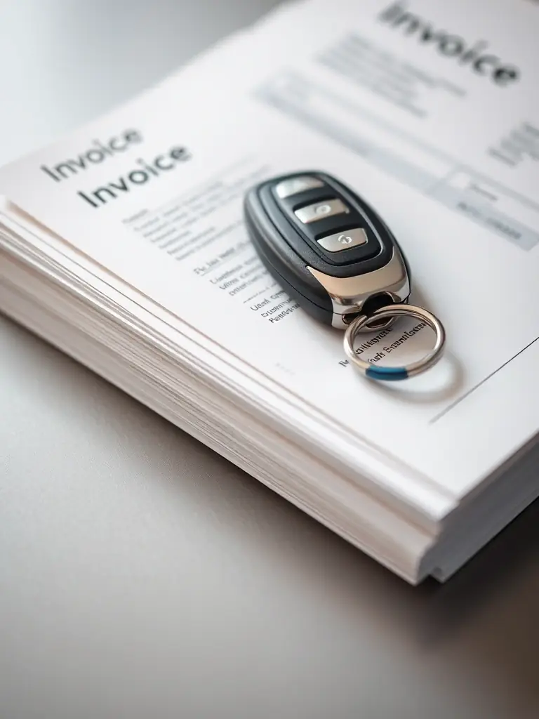 A professional photograph of a stack of neatly organized invoices and receipts, symbolizing meticulous bookkeeping for small businesses.