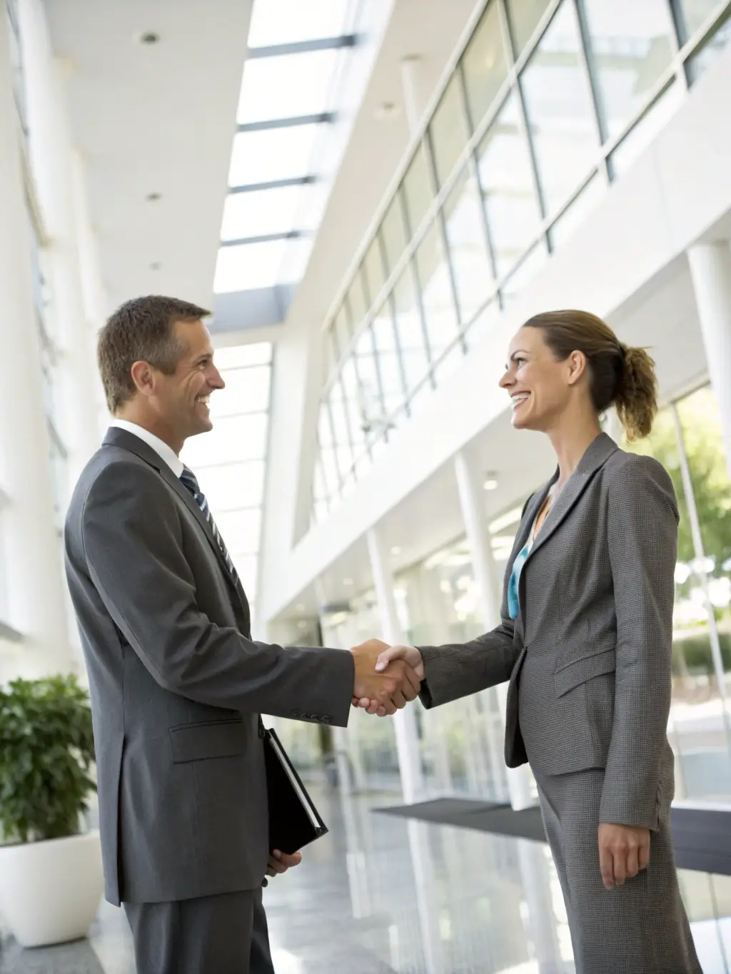 A friendly accountant smiling and shaking hands with a small business owner in a modern office setting, conveying trust and personalized service.